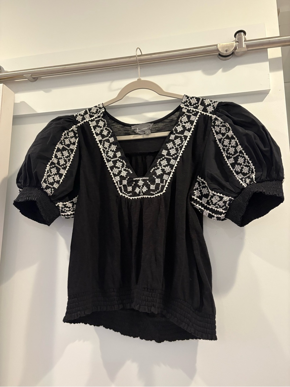 Anthropologie Black Puff-Sleeve Embroidered Blouse